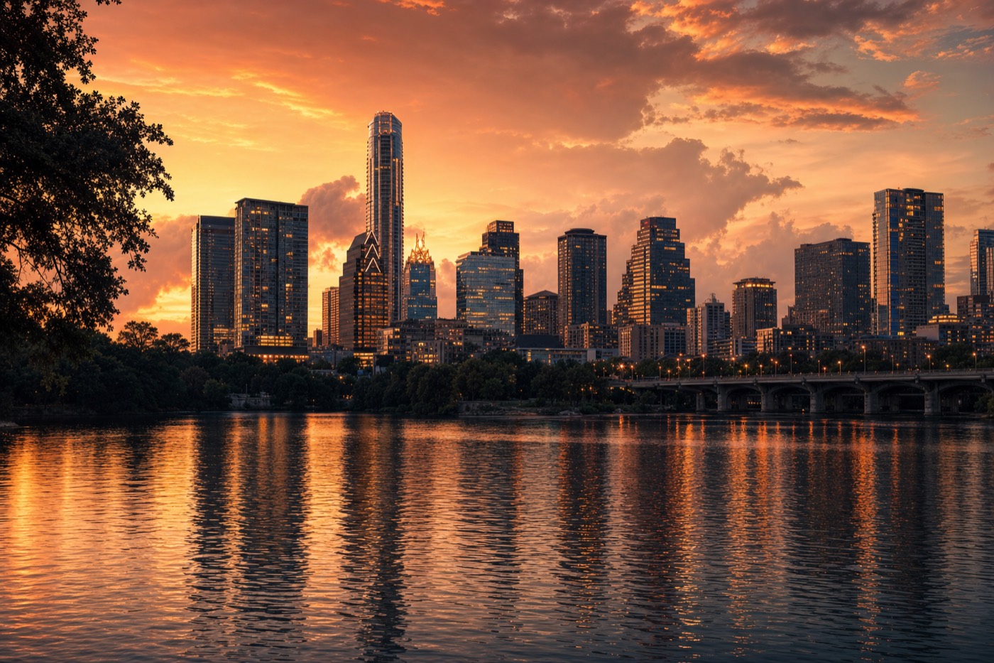 Austin skyline at dusk reflected in Lady Bird Lake